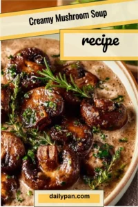 Bowl of creamy mushroom soup garnished with fresh herbs