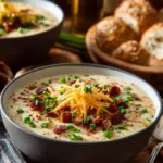 Bowl of creamy potato soup topped with herbs and croutons