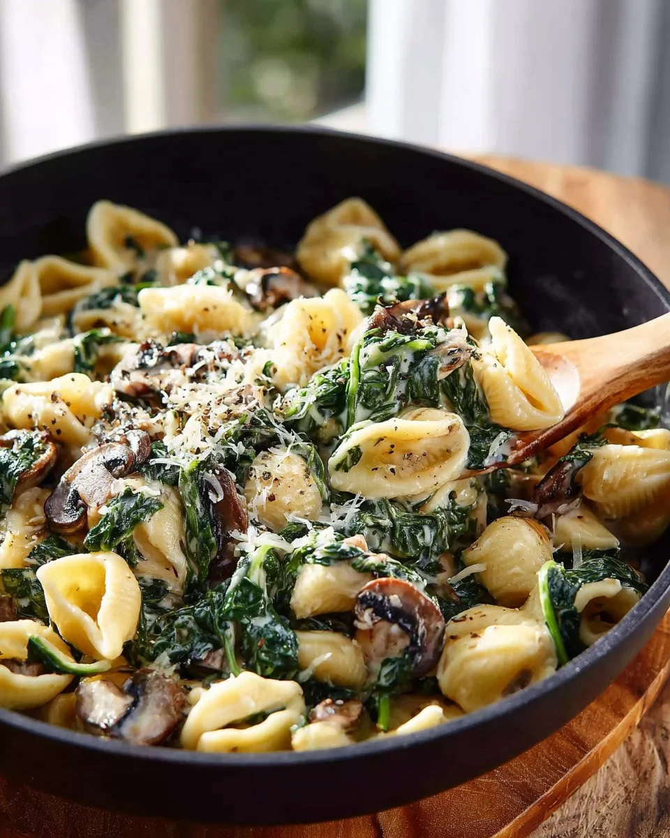 Creamy spinach mushroom tortellini served in a bowl garnished with herbs.