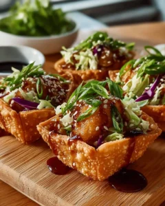 Crispy chicken wonton tacos served with fresh toppings