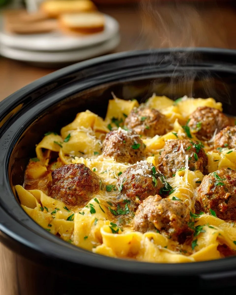 Crock pot meatballs and tortellini simmering in a rich sauce