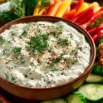 Plate of colorful crudités served with a vibrant herb dip.