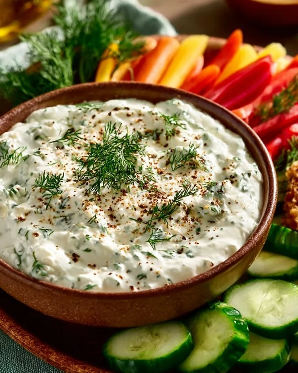 Plate of colorful crudités served with a vibrant herb dip.