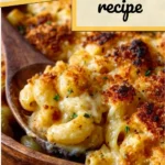 A delicious serving of easy baked cheddar mac and cheese in a casserole dish.