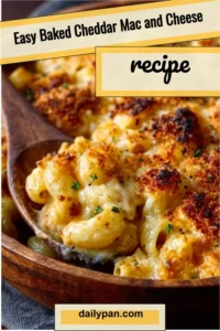 A delicious serving of easy baked cheddar mac and cheese in a casserole dish.