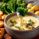 Delicious cheese fondue served with bread and vegetables for dipping