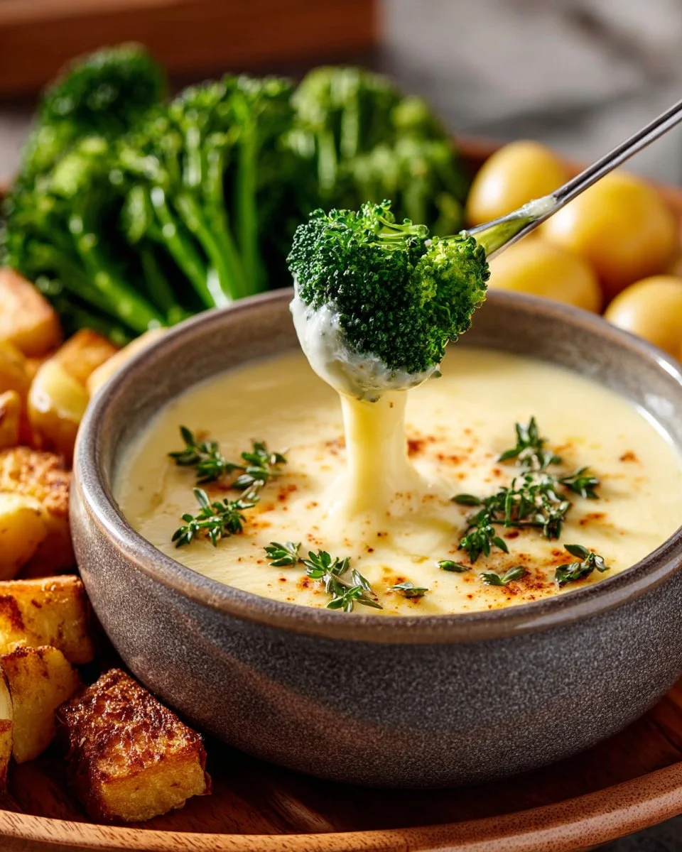 Delicious cheese fondue served with bread and vegetables for dipping