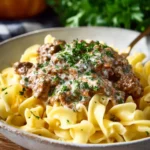 Delicious homemade easy ground beef stroganoff served on a plate