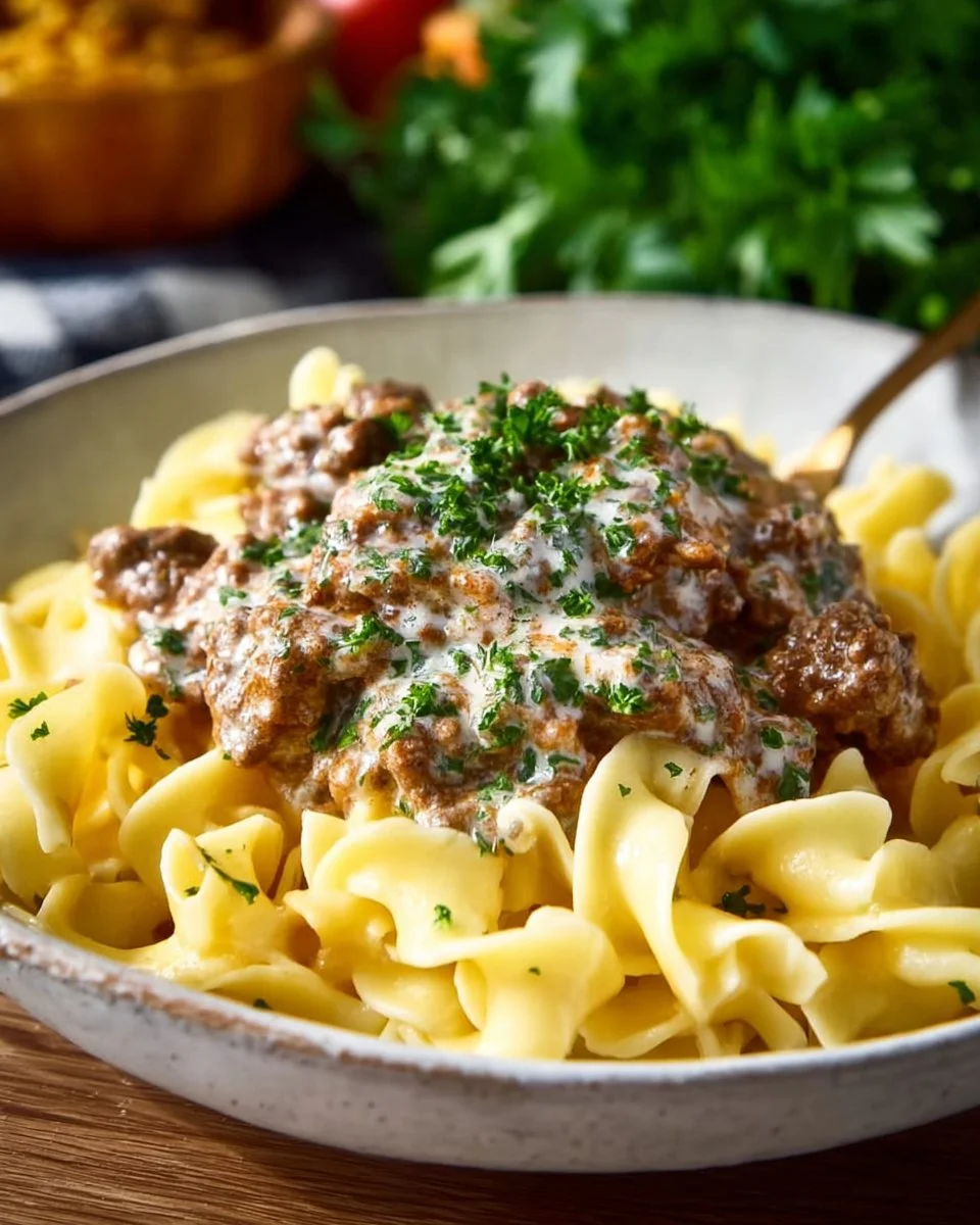 Delicious homemade easy ground beef stroganoff served on a plate