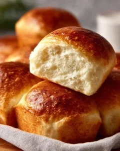 Freshly baked easy homemade dinner rolls on a wooden table