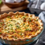Slice of easy loaded baked potato quiche on a plate, garnished with green onions
