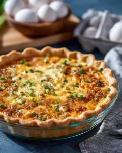 Slice of easy loaded baked potato quiche on a plate, garnished with green onions
