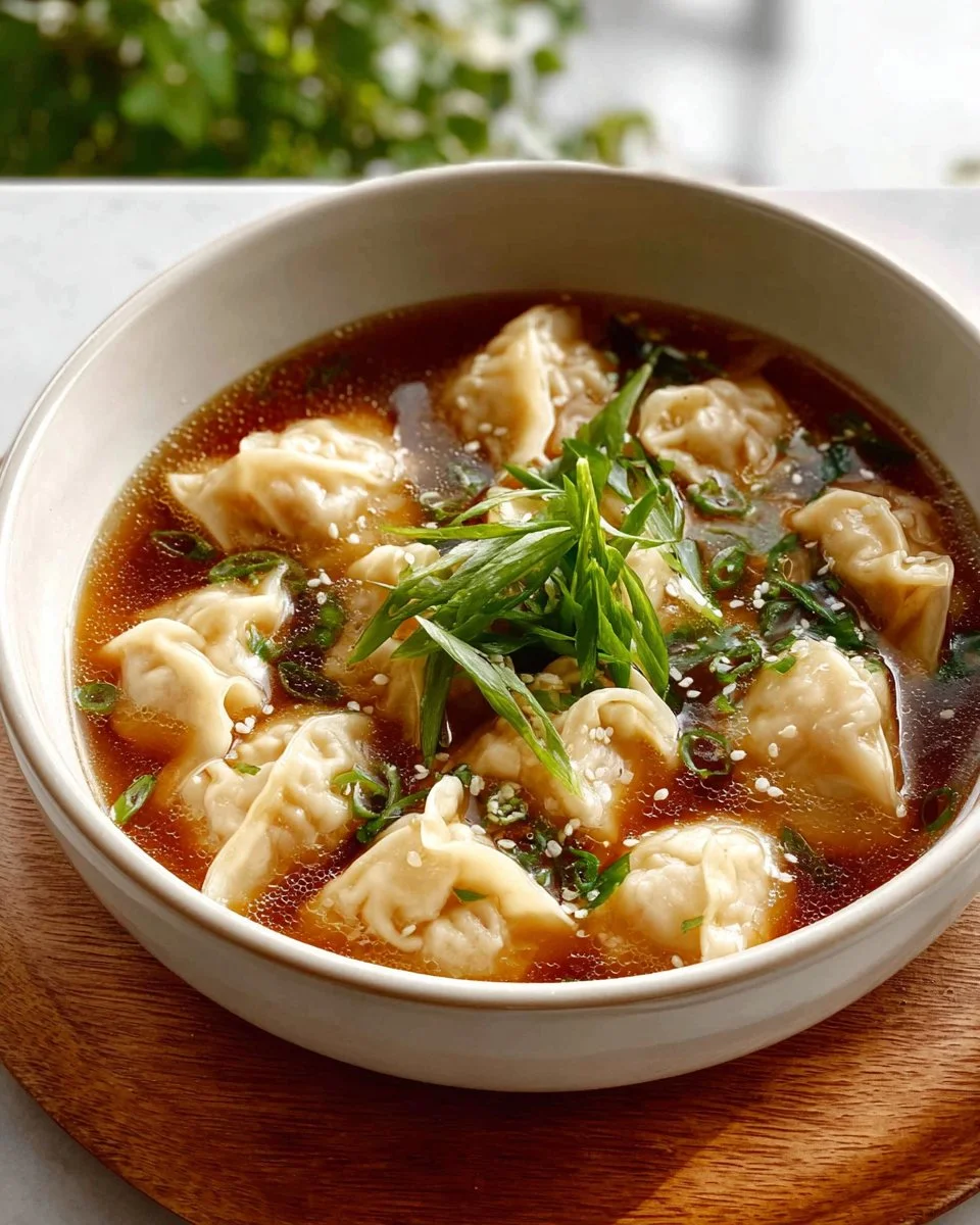 Bowl of easy wonton soup with dumplings and broth garnished with green onions.