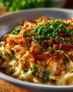 Delicious French Onion Chicken Orzo Casserole topped with melted cheese