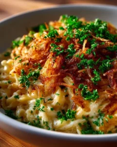 Baked French Onion Chicken Orzo Casserole with melted cheese and herbs