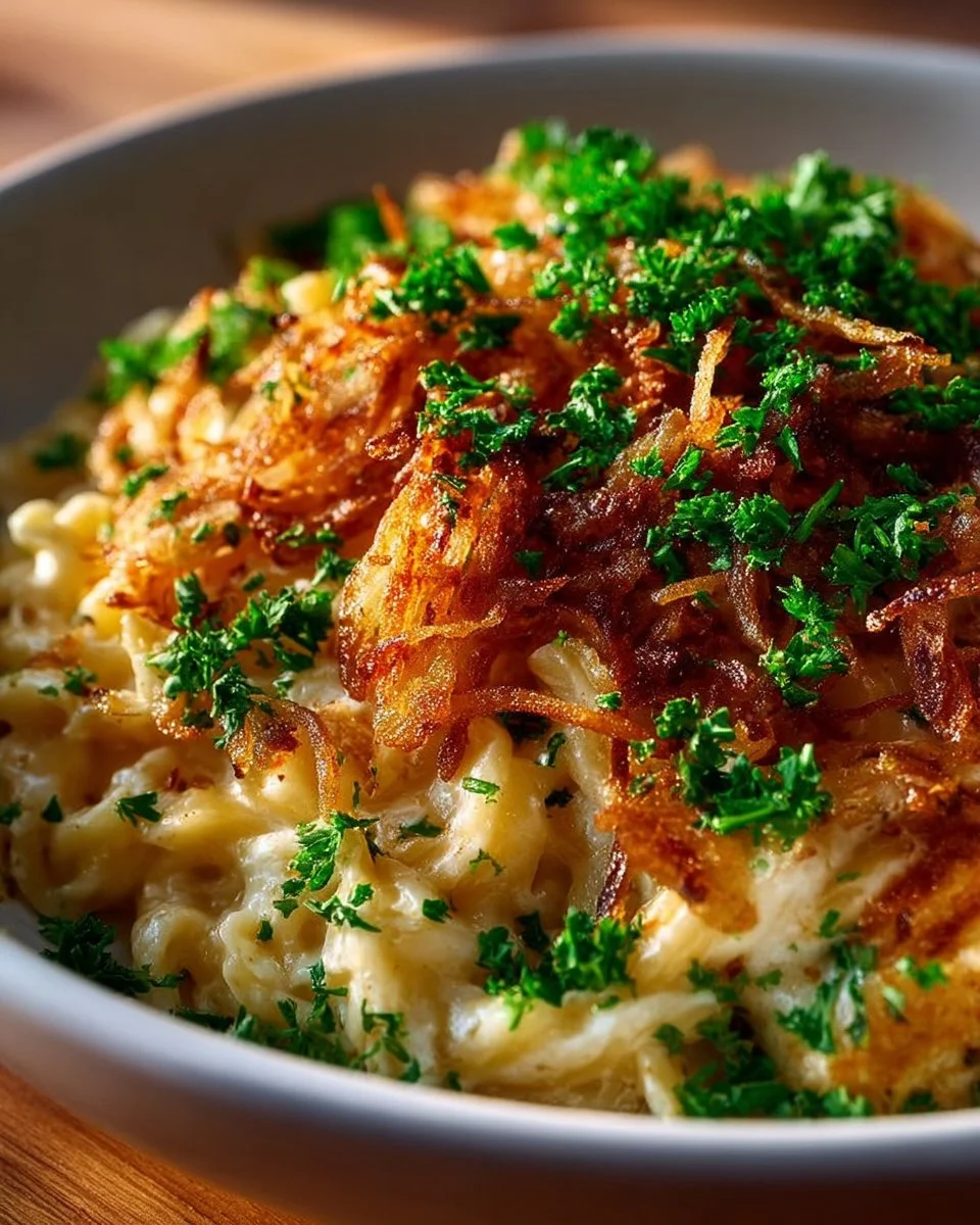 Baked French Onion Chicken Orzo Casserole with melted cheese and herbs