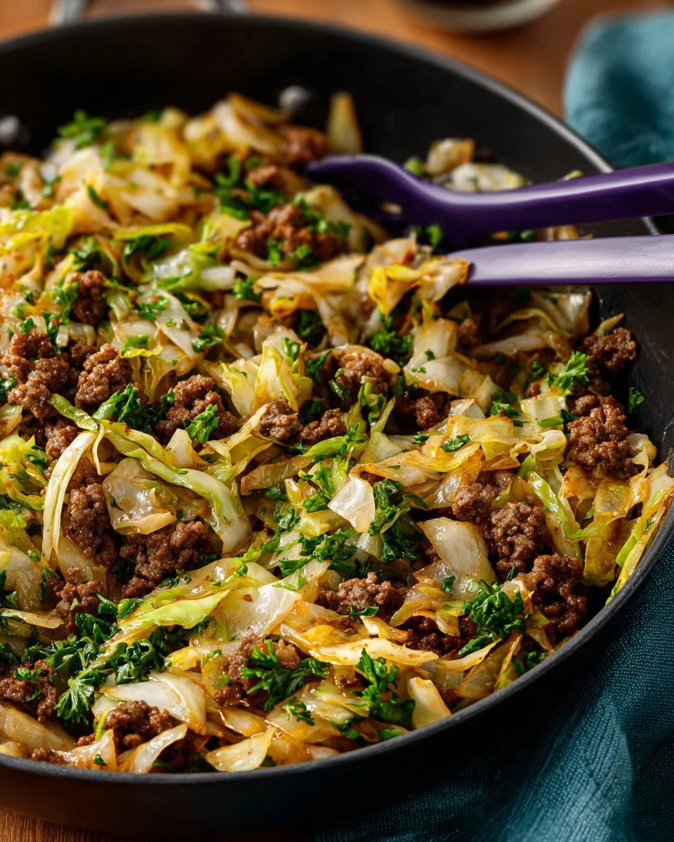 Ground beef and cabbage dish with herbs and spices.