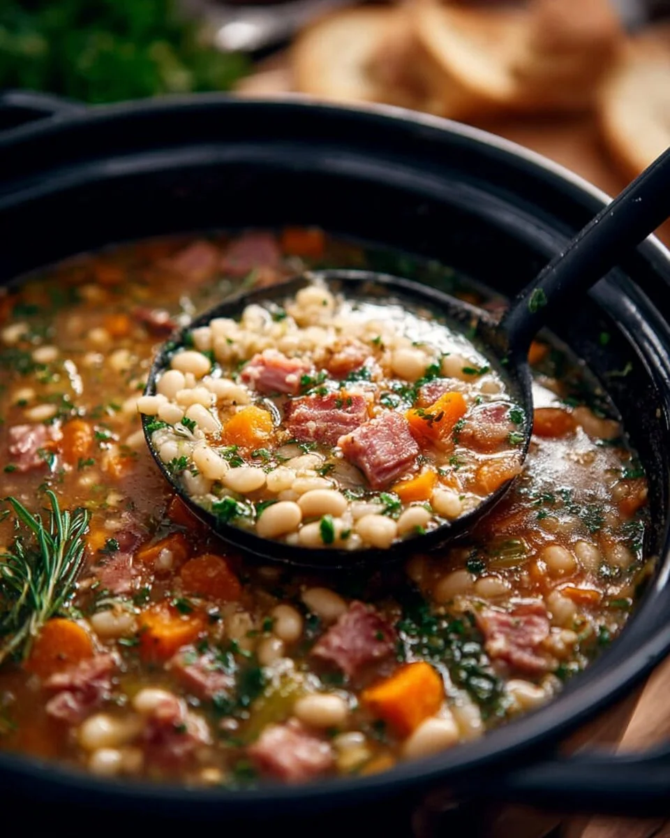 Bowl of homemade ham and bean soup garnished with parsley and served with bread