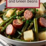 Delicious dish of ham, potatoes, and green beans served on a plate