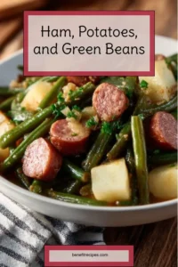 Delicious dish of ham, potatoes, and green beans served on a plate