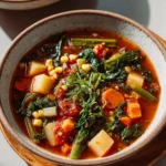 Hearty vegetable soup with fresh veggies in a bowl