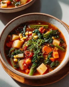 Hearty vegetable soup with fresh veggies in a bowl