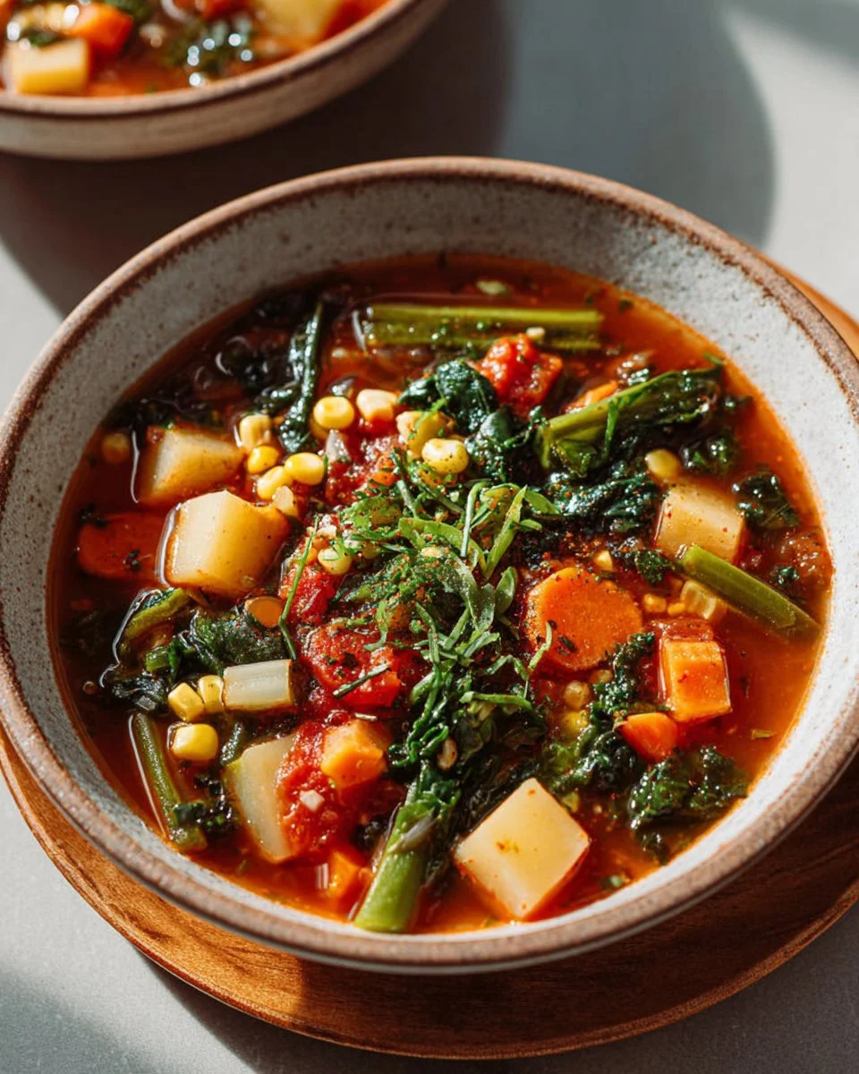 Hearty vegetable soup with fresh veggies in a bowl