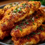 Homemade baked chicken tenders served on a plate with dipping sauces