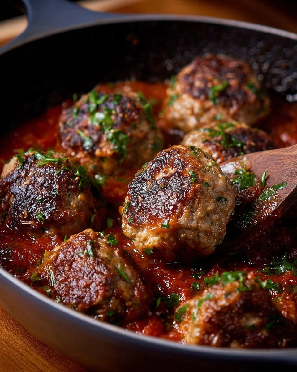 Homemade Italian meatballs simmering in rich marinara sauce