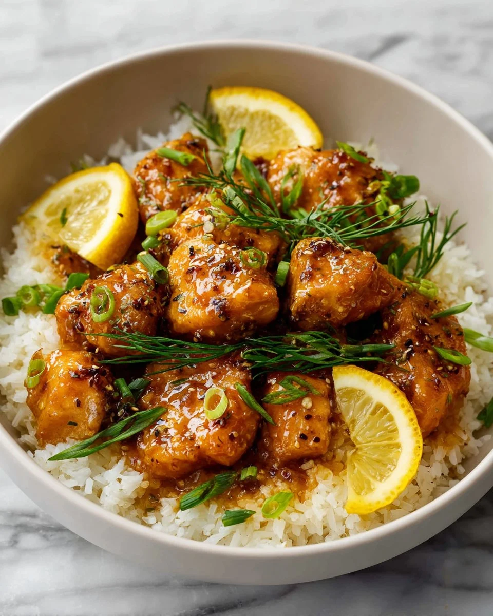 Plate of delicious Lemon Chicken Chinese Style garnished with fresh herbs