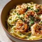 Lemon garlic shrimp pasta garnished with parsley and lemon slices