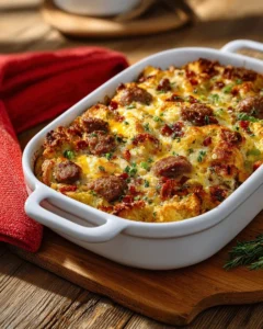 Loaded Breakfast Casserole with eggs, cheese, and sausage