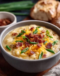 Bowl of creamy loaded potato soup topped with cheese, bacon, and green onions.