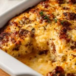 Delicious McGriddle Casserole topped with syrup and sausage, ready to serve.