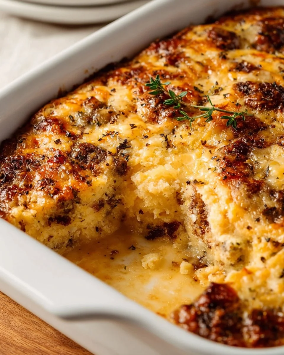 Delicious McGriddle Casserole topped with syrup and sausage, ready to serve.