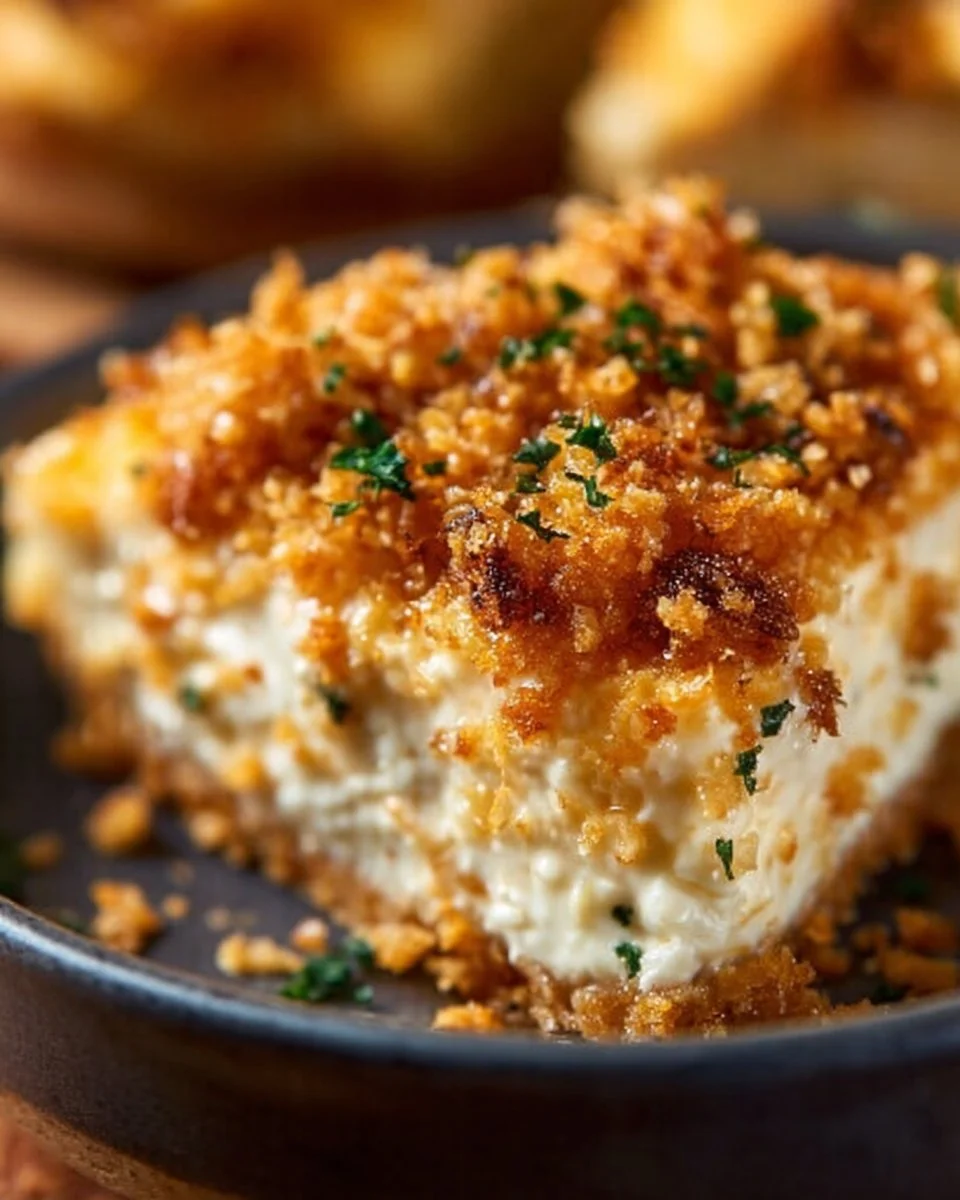 Creamy Million Dollar Chicken Casserole topped with crispy breadcrumbs and herbs.