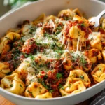 No-Boil Sausage and Vegetable Tortellini Bake served in a dish