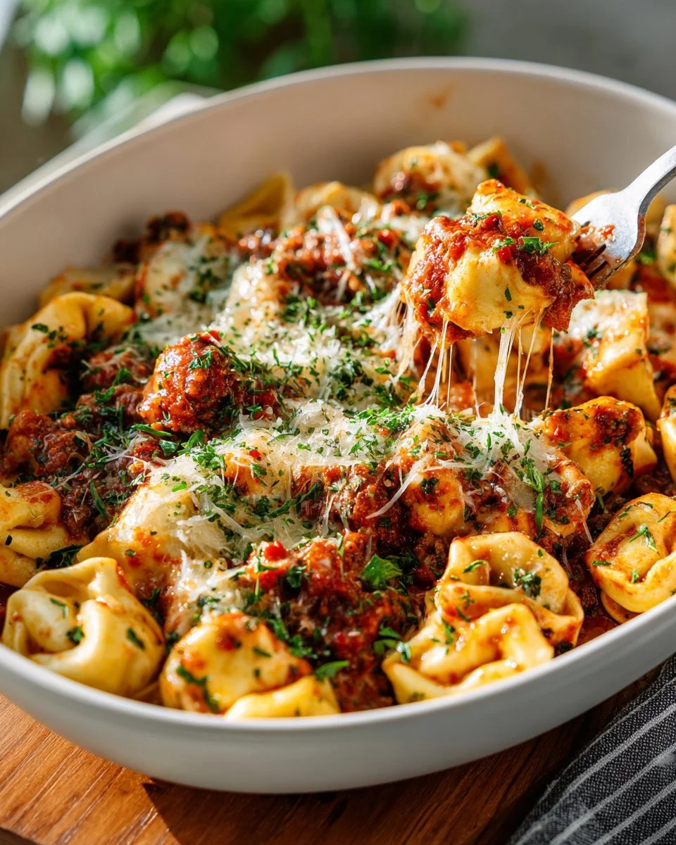 No-Boil Sausage and Vegetable Tortellini Bake served in a dish