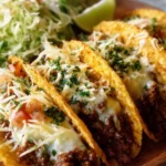 Old school beef taco topped with fresh ingredients on a white plate