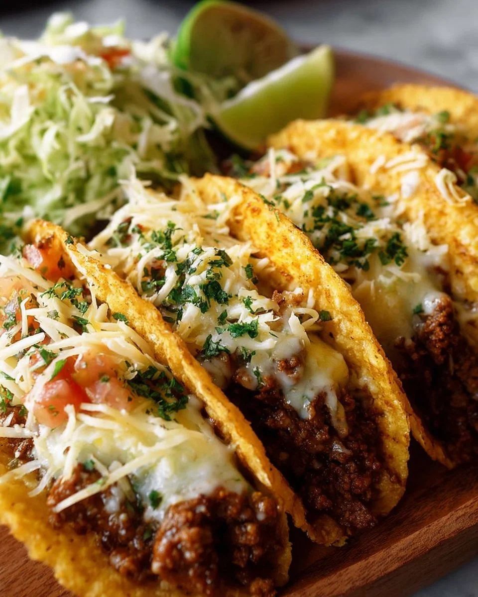 Old school beef taco topped with fresh ingredients on a white plate