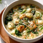 Bowl of Olive Garden Chicken Gnocchi Soup with chicken, gnocchi, and vegetables