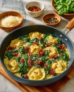 One Pan Creamy Sun-Dried Tomato Tortellini served in a skillet