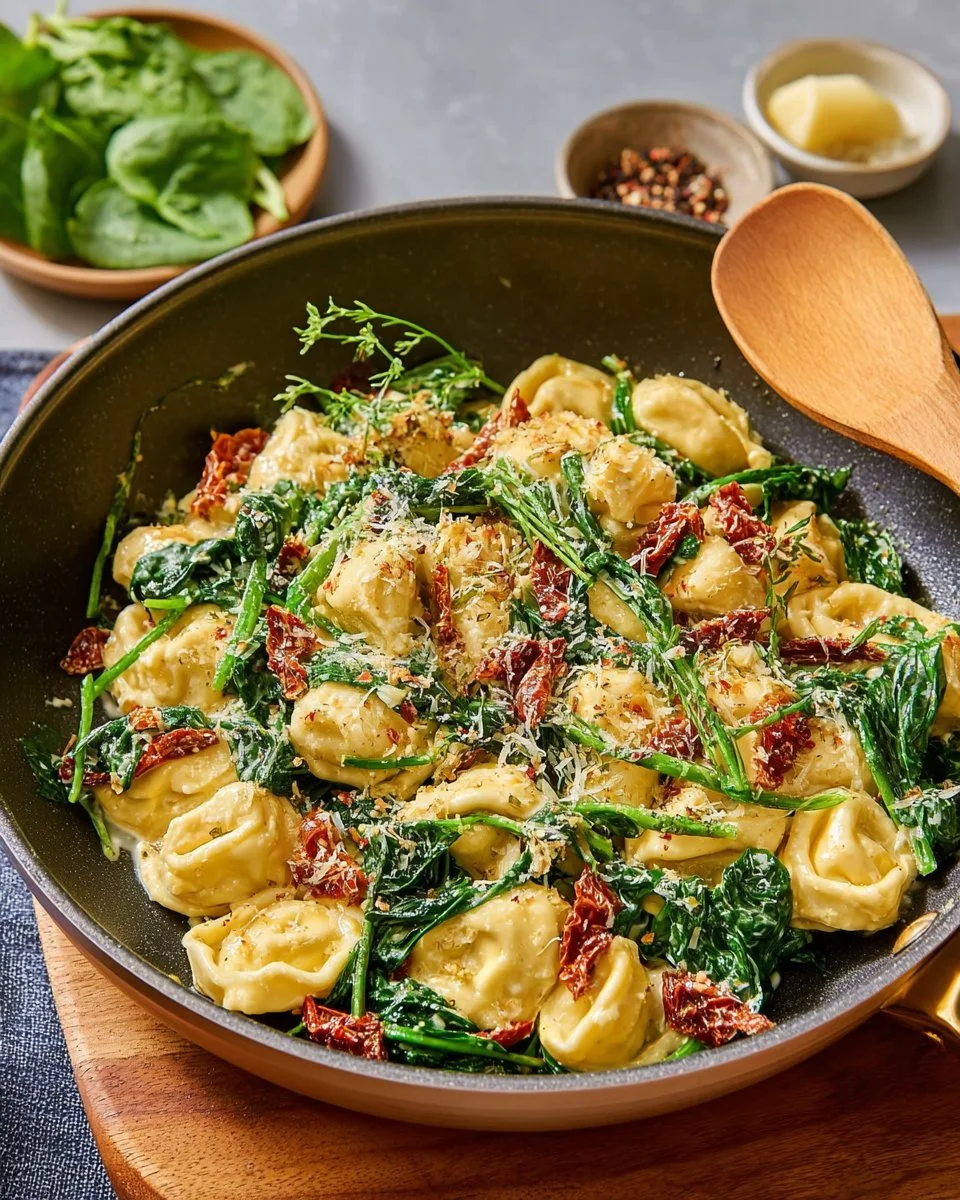 Creamy sun-dried tomato tortellini in a one-pan dish