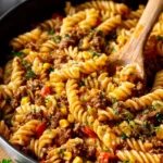 Delicious one pot cheesy taco pasta served in a bowl with toppings