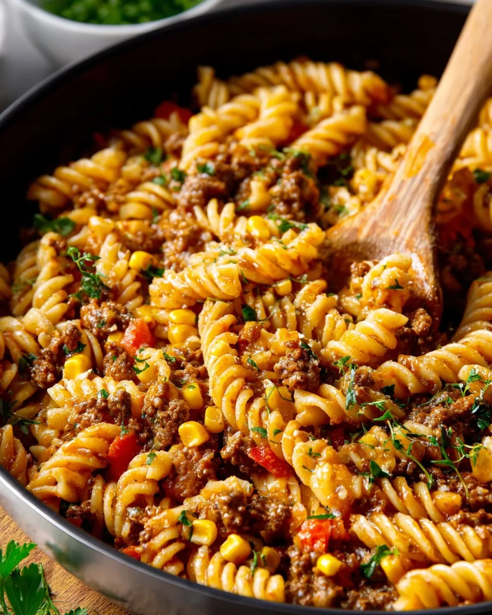 Delicious one pot cheesy taco pasta served in a bowl with toppings