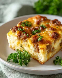 Overnight Sausage and Egg Breakfast Casserole ready for serving