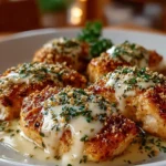 Juicy Parmesan Chicken served with herbs and cheese in a delicious plate