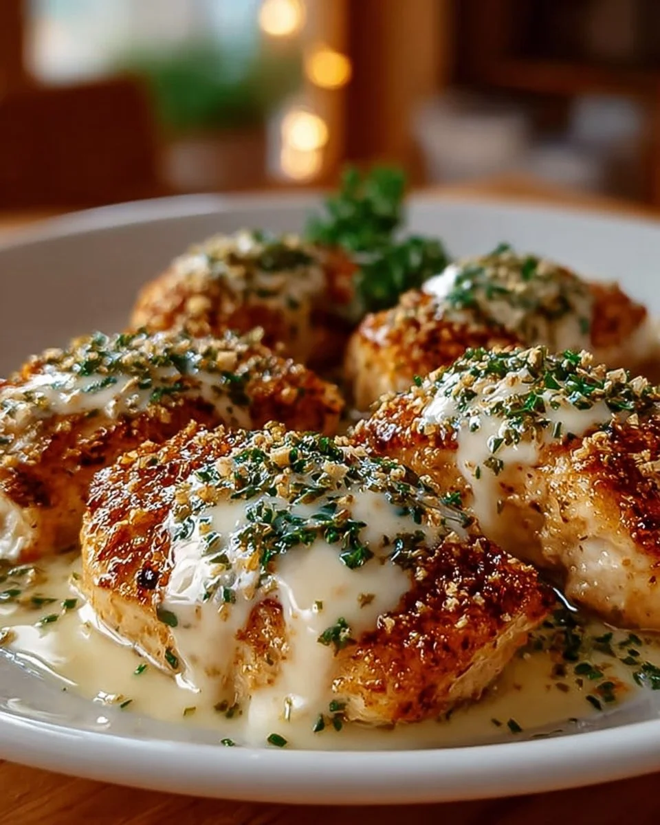 Juicy Parmesan Chicken served with herbs and cheese in a delicious plate