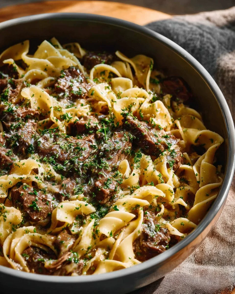 A delicious plate of quick beef stroganoff with creamy sauce and tender beef slices