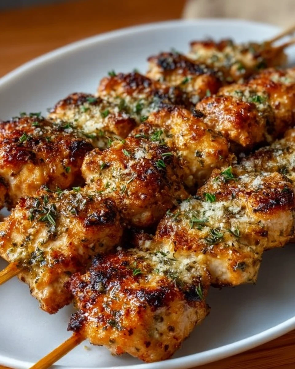 Ranch Garlic Parmesan Chicken skewers garnished with parsley on a platter